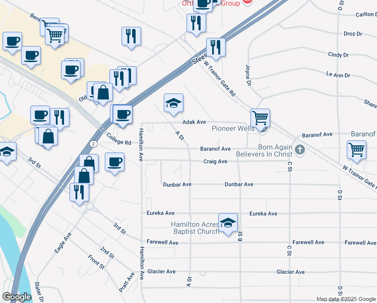map of restaurants, bars, coffee shops, grocery stores, and more near 637 A Street in Fairbanks