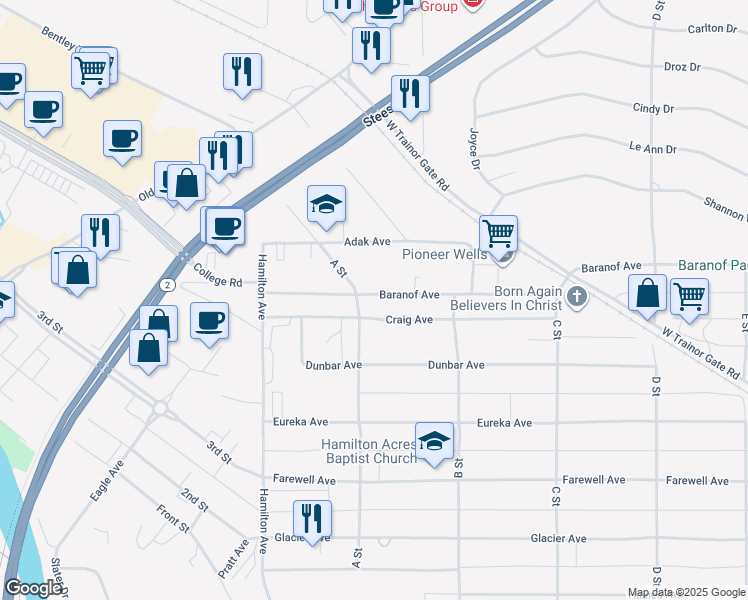map of restaurants, bars, coffee shops, grocery stores, and more near 637 A Street in Fairbanks