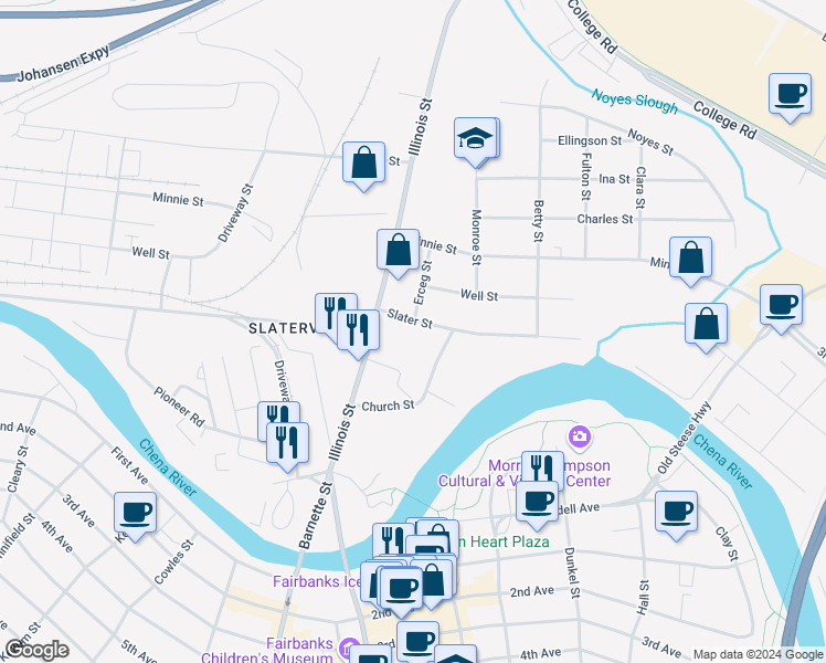map of restaurants, bars, coffee shops, grocery stores, and more near 359 Slater Street in Fairbanks