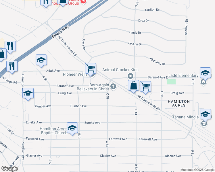 map of restaurants, bars, coffee shops, grocery stores, and more near 657 C Street in Fairbanks