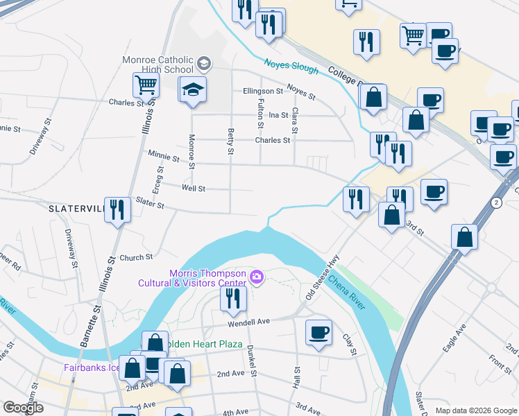 map of restaurants, bars, coffee shops, grocery stores, and more near 202 Slater Street in Fairbanks