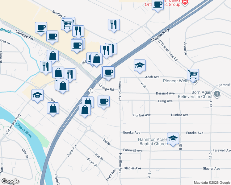 map of restaurants, bars, coffee shops, grocery stores, and more near 760 Hamilton Avenue in Fairbanks