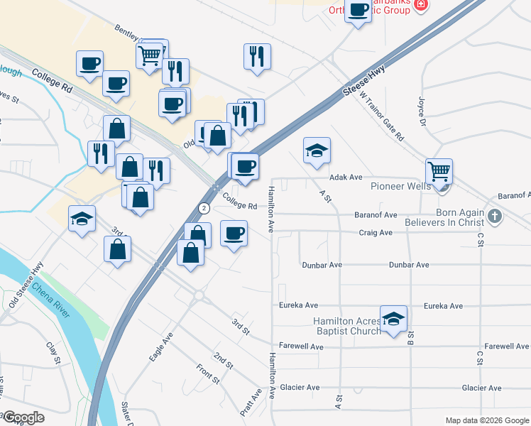 map of restaurants, bars, coffee shops, grocery stores, and more near 760 Hamilton Avenue in Fairbanks