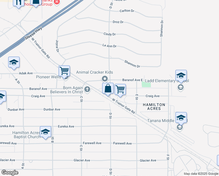 map of restaurants, bars, coffee shops, grocery stores, and more near 657 D Street in Fairbanks