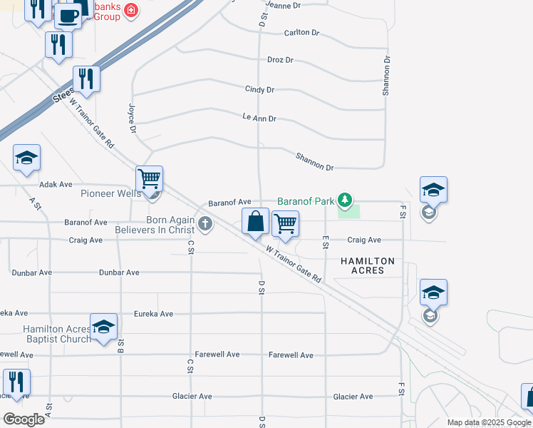 map of restaurants, bars, coffee shops, grocery stores, and more near 601 D Street in Fairbanks