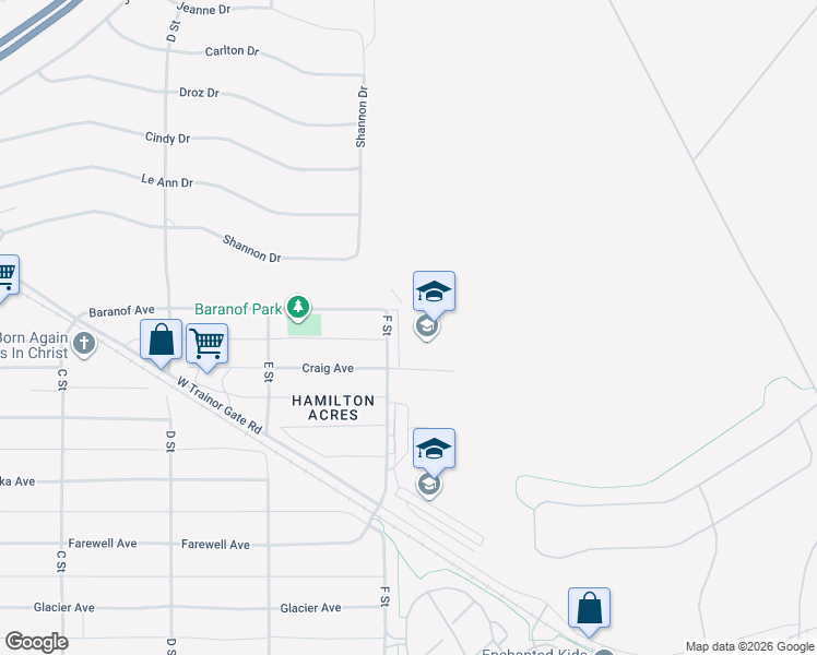 map of restaurants, bars, coffee shops, grocery stores, and more near 601 F Street in Fairbanks