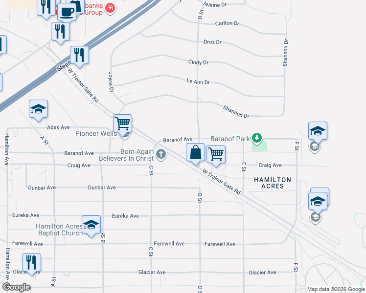 map of restaurants, bars, coffee shops, grocery stores, and more near 326 West Trainor Gate Road in Fairbanks