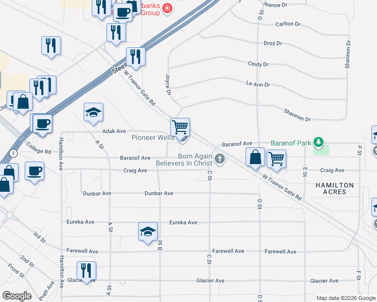 map of restaurants, bars, coffee shops, grocery stores, and more near 224 Craig Avenue in Fairbanks