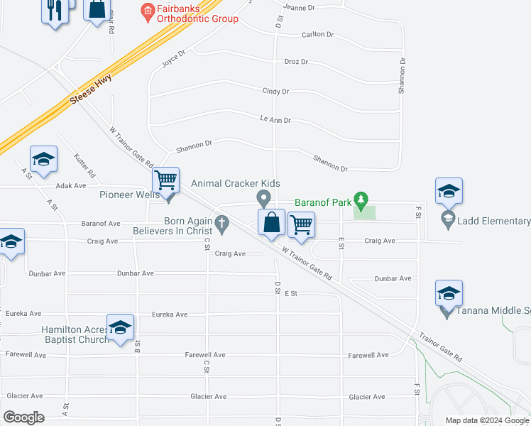 map of restaurants, bars, coffee shops, grocery stores, and more near 333 Baranof Avenue in Fairbanks