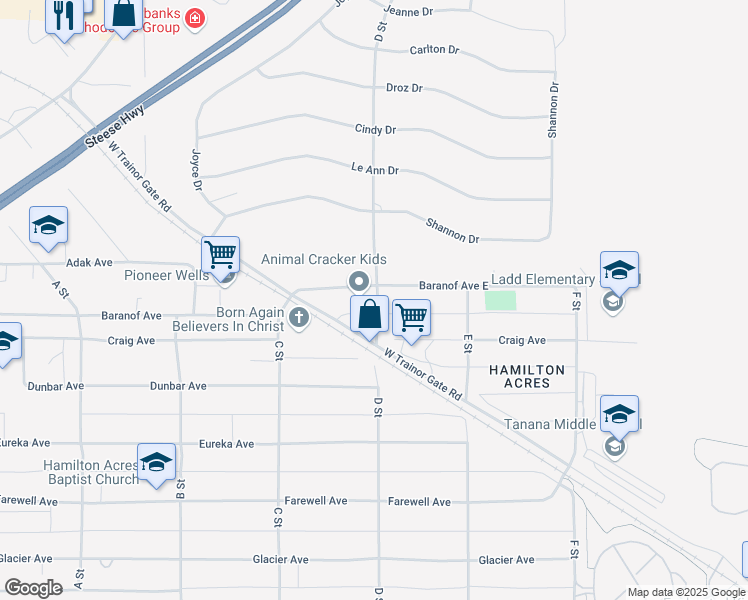 map of restaurants, bars, coffee shops, grocery stores, and more near 627 D Street in Fairbanks