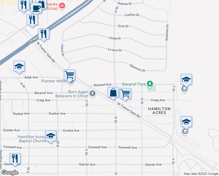 map of restaurants, bars, coffee shops, grocery stores, and more near 329 Baranof Avenue in Fairbanks