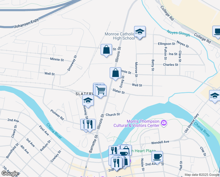 map of restaurants, bars, coffee shops, grocery stores, and more near 300 Illinois Street in Fairbanks