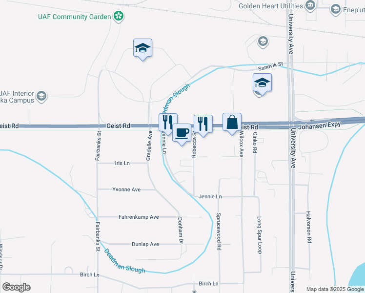 map of restaurants, bars, coffee shops, grocery stores, and more near 650 Rebecca Street in Fairbanks