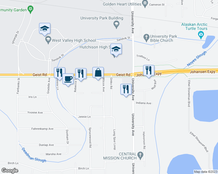 map of restaurants, bars, coffee shops, grocery stores, and more near 780 Ginko Road in Fairbanks