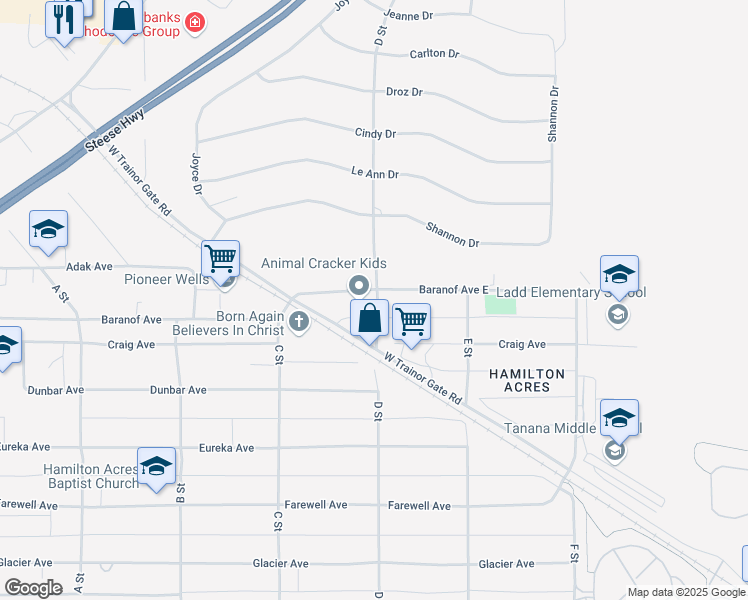 map of restaurants, bars, coffee shops, grocery stores, and more near 657 D Street in Fairbanks