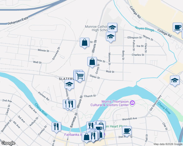 map of restaurants, bars, coffee shops, grocery stores, and more near 269 Illinois Street in Fairbanks