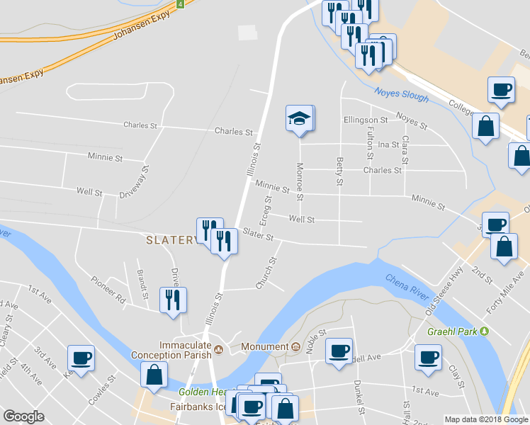 map of restaurants, bars, coffee shops, grocery stores, and more near 200 Erceg Street in Fairbanks