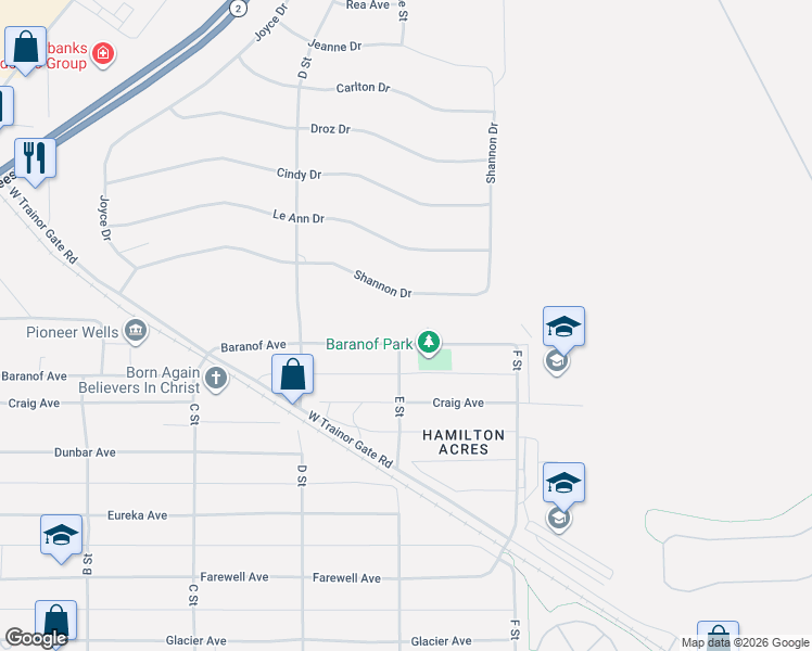 map of restaurants, bars, coffee shops, grocery stores, and more near 445 Shannon Drive in Fairbanks