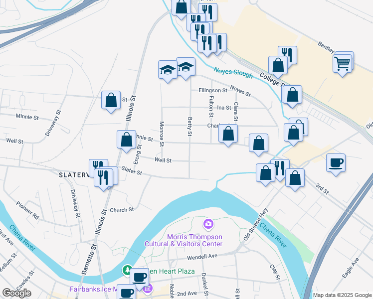 map of restaurants, bars, coffee shops, grocery stores, and more near 403 Betty St in Fairbanks