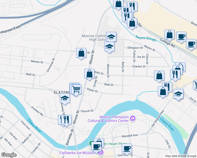 map of restaurants, bars, coffee shops, grocery stores, and more near 348 Minnie Street in Fairbanks