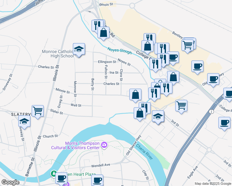map of restaurants, bars, coffee shops, grocery stores, and more near 206 Minnie Street in Fairbanks
