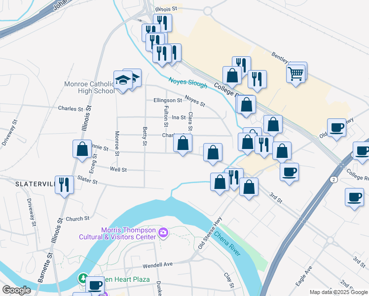 map of restaurants, bars, coffee shops, grocery stores, and more near 206 Minnie Street in Fairbanks