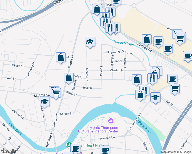 map of restaurants, bars, coffee shops, grocery stores, and more near 312 Minnie Street in Fairbanks
