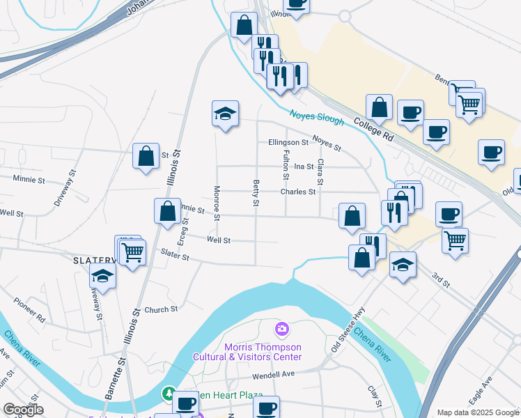 map of restaurants, bars, coffee shops, grocery stores, and more near 403 Betty Street in Fairbanks