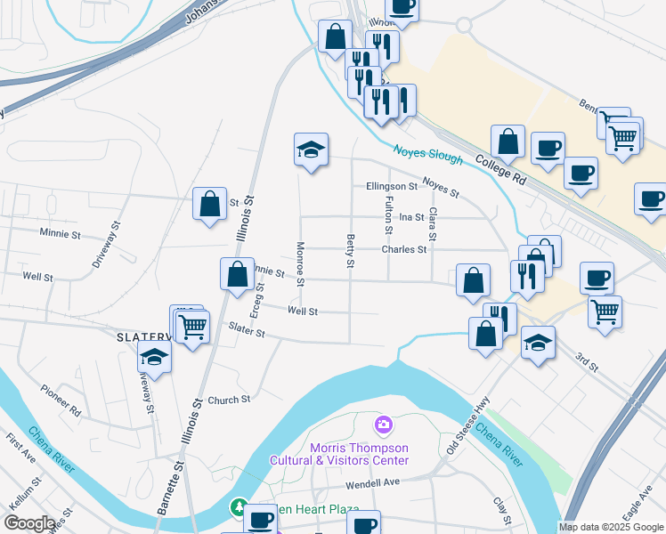 map of restaurants, bars, coffee shops, grocery stores, and more near 312 Minnie Street in Fairbanks