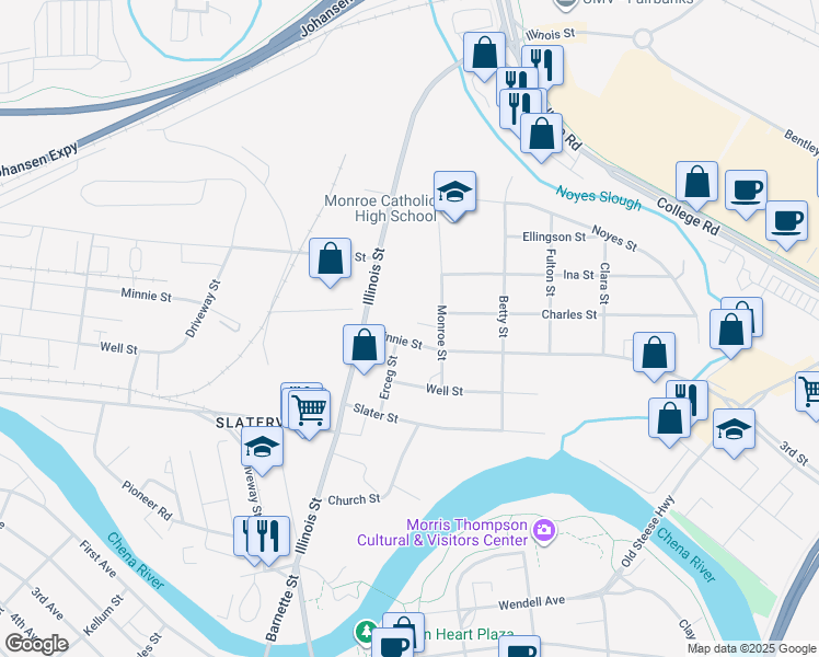 map of restaurants, bars, coffee shops, grocery stores, and more near 348 Minnie Street in Fairbanks