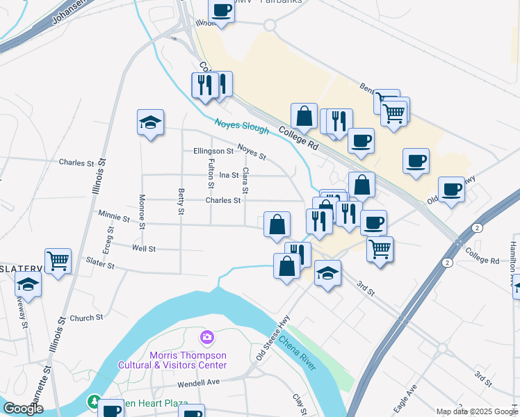 map of restaurants, bars, coffee shops, grocery stores, and more near 139 Charles Street in Fairbanks
