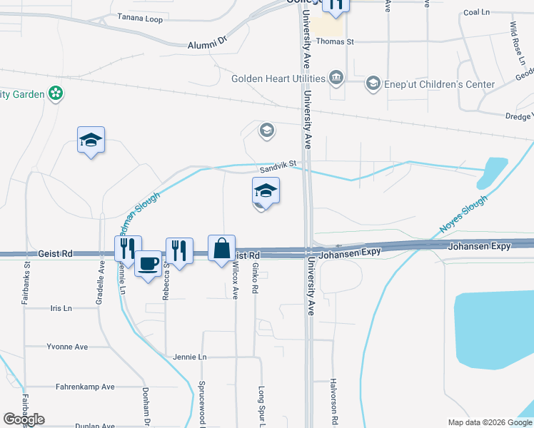 map of restaurants, bars, coffee shops, grocery stores, and more near 3750 Geist Road in Fairbanks
