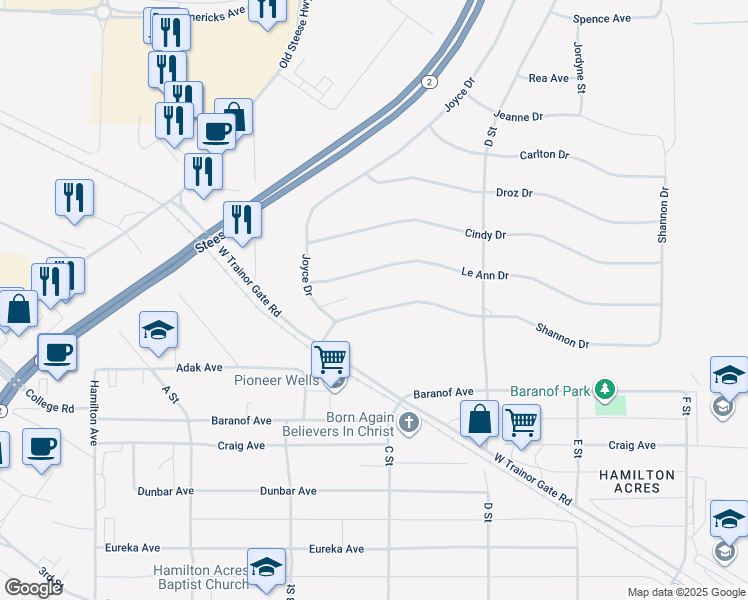 map of restaurants, bars, coffee shops, grocery stores, and more near 308 Shannon Drive in Fairbanks
