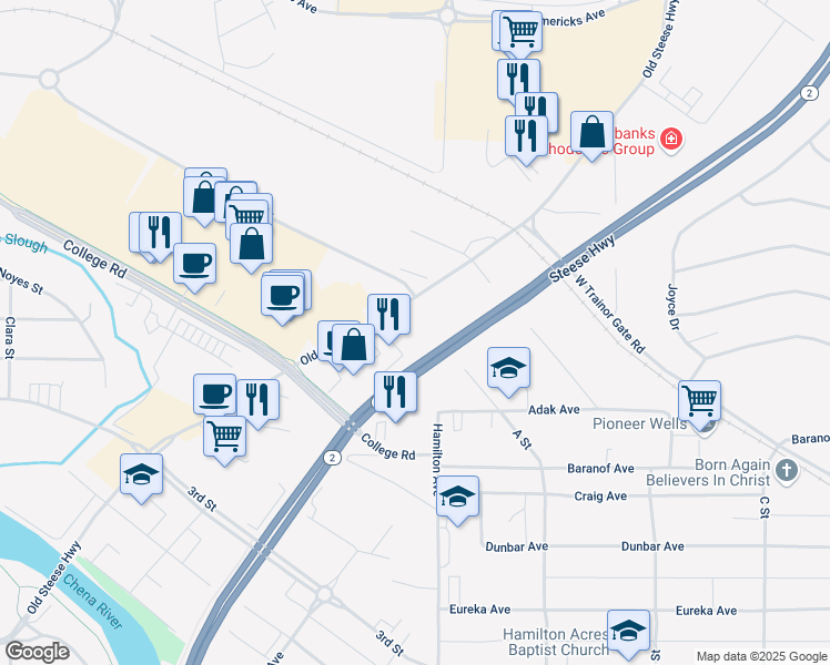 map of restaurants, bars, coffee shops, grocery stores, and more near 722 Old Steese Highway in Fairbanks