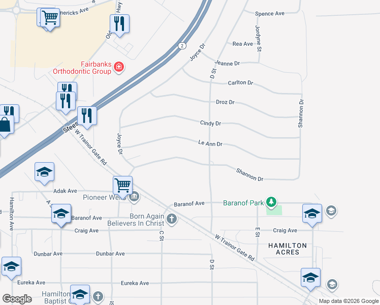 map of restaurants, bars, coffee shops, grocery stores, and more near 356 Le Ann Drive in Fairbanks