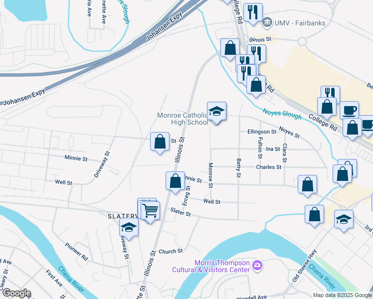 map of restaurants, bars, coffee shops, grocery stores, and more near 505 Illinois Street in Fairbanks