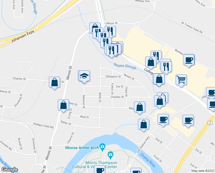 map of restaurants, bars, coffee shops, grocery stores, and more near 237 Ina Street in Fairbanks