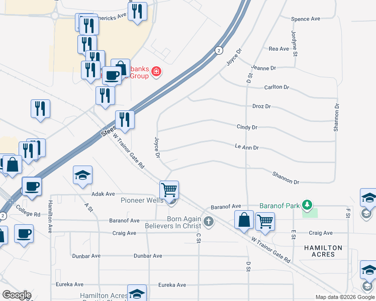 map of restaurants, bars, coffee shops, grocery stores, and more near 286 Le Ann Drive in Fairbanks