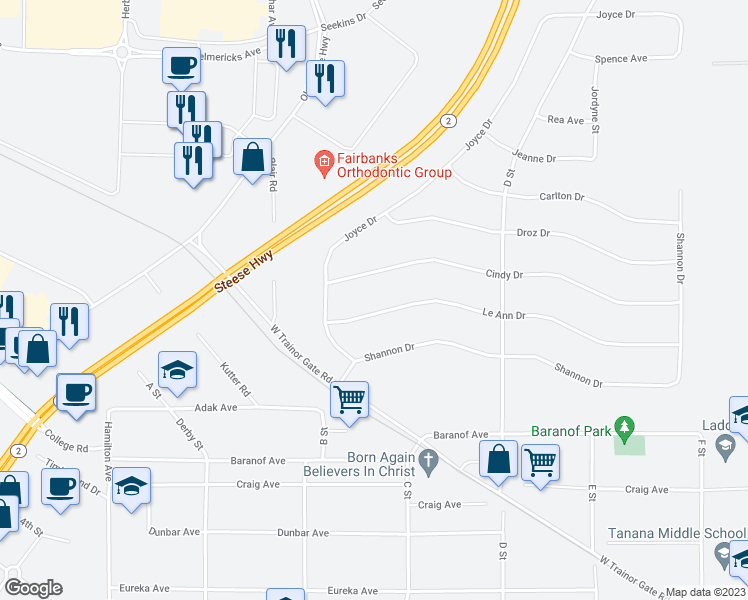 map of restaurants, bars, coffee shops, grocery stores, and more near 286 Le Ann Drive in Fairbanks