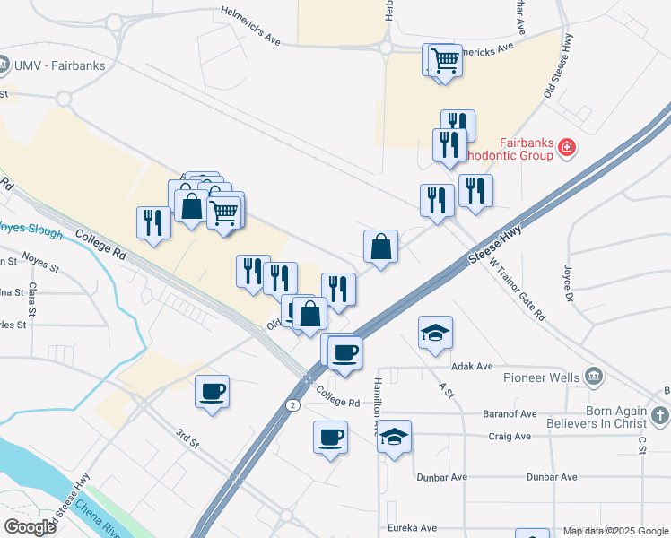 map of restaurants, bars, coffee shops, grocery stores, and more near 700 Old Steese Highway in Fairbanks
