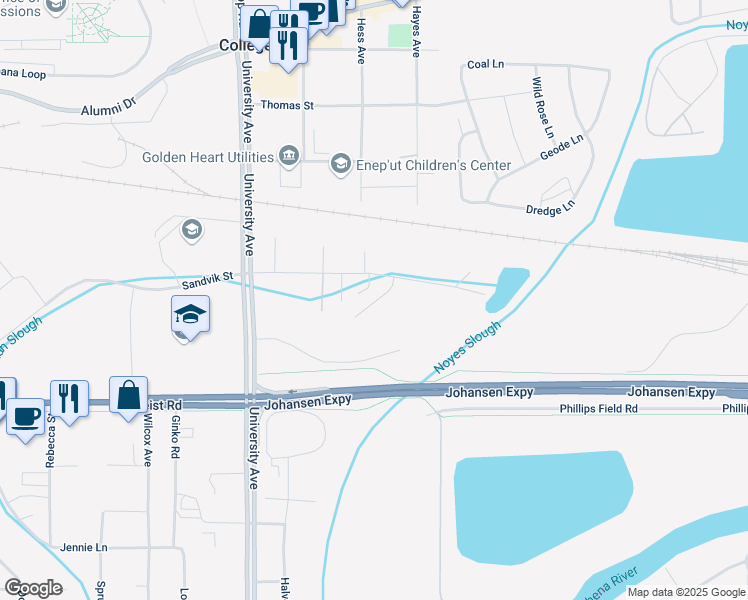 map of restaurants, bars, coffee shops, grocery stores, and more near 895 Graham Lane in Fairbanks