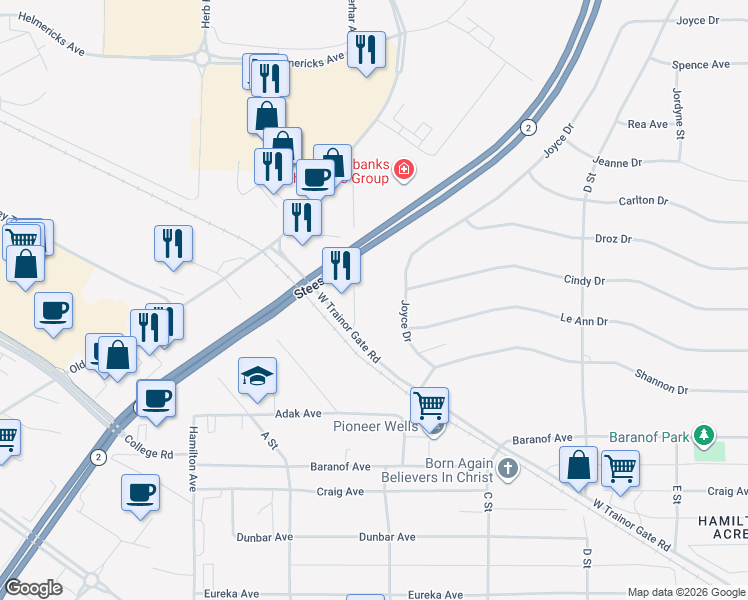map of restaurants, bars, coffee shops, grocery stores, and more near 908 Joyce Drive in Fairbanks