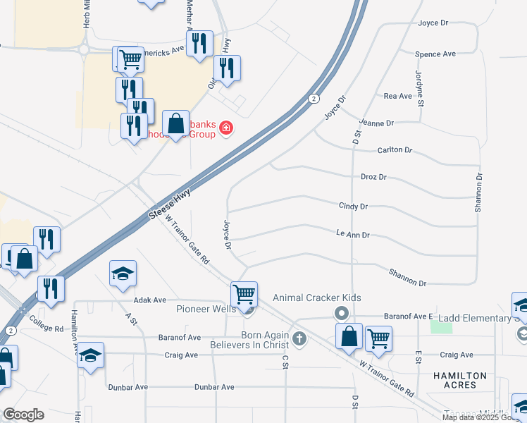 map of restaurants, bars, coffee shops, grocery stores, and more near 286 Le Ann Drive in Fairbanks