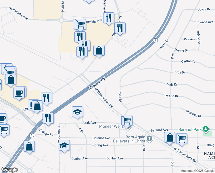 map of restaurants, bars, coffee shops, grocery stores, and more near 987 Blair Road in Fairbanks