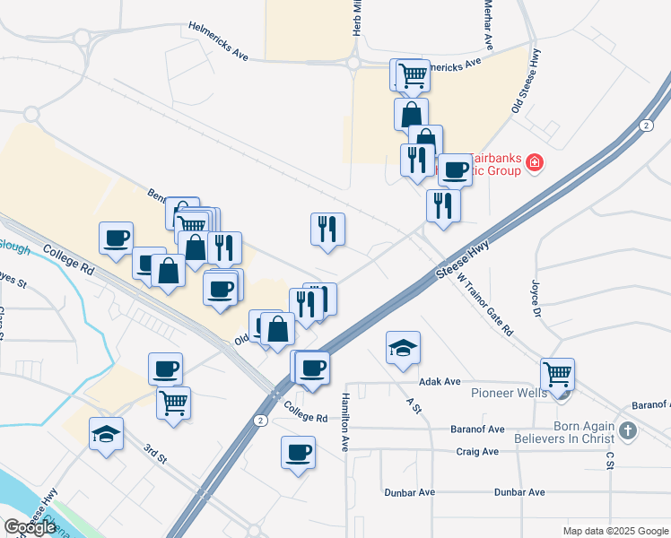 map of restaurants, bars, coffee shops, grocery stores, and more near 722 Old Steese Highway in Fairbanks