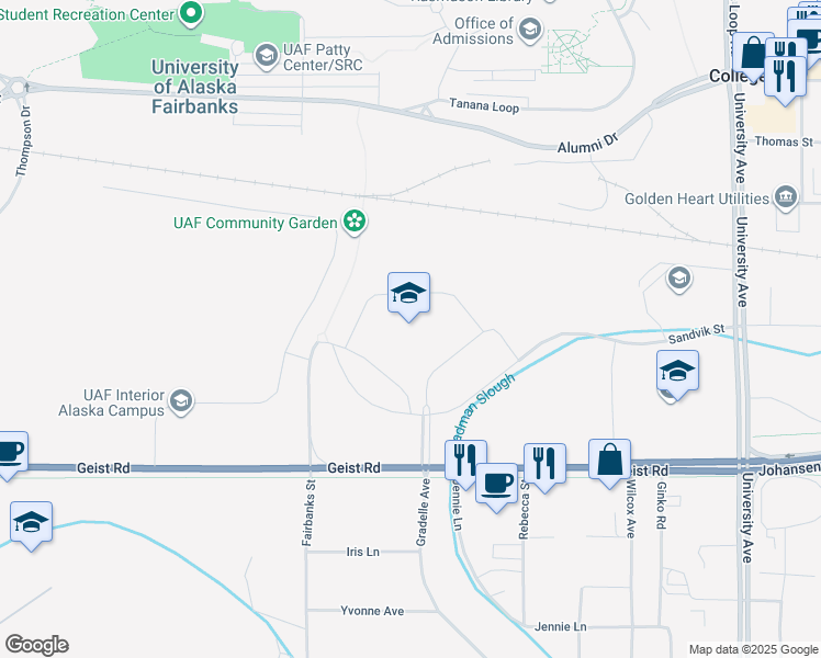 map of restaurants, bars, coffee shops, grocery stores, and more near 3800 Geist Road in Fairbanks