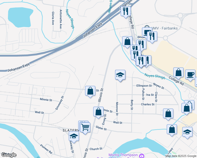map of restaurants, bars, coffee shops, grocery stores, and more near 612 Illinois Street in Fairbanks