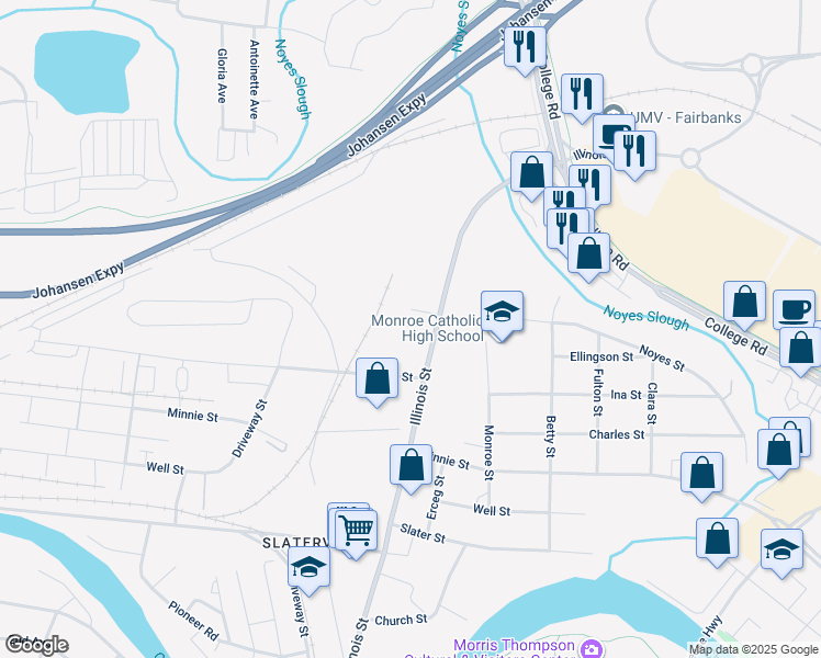 map of restaurants, bars, coffee shops, grocery stores, and more near 612 Illinois Street in Fairbanks