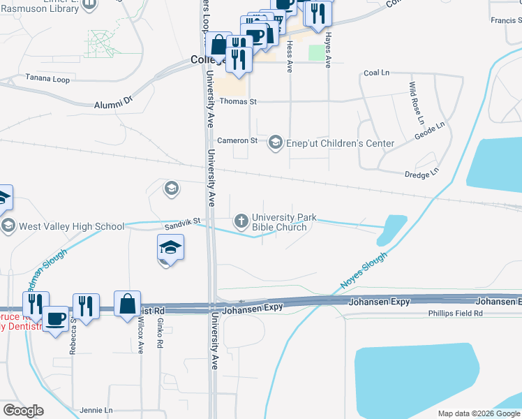 map of restaurants, bars, coffee shops, grocery stores, and more near 2006 Sandvik Street in Fairbanks
