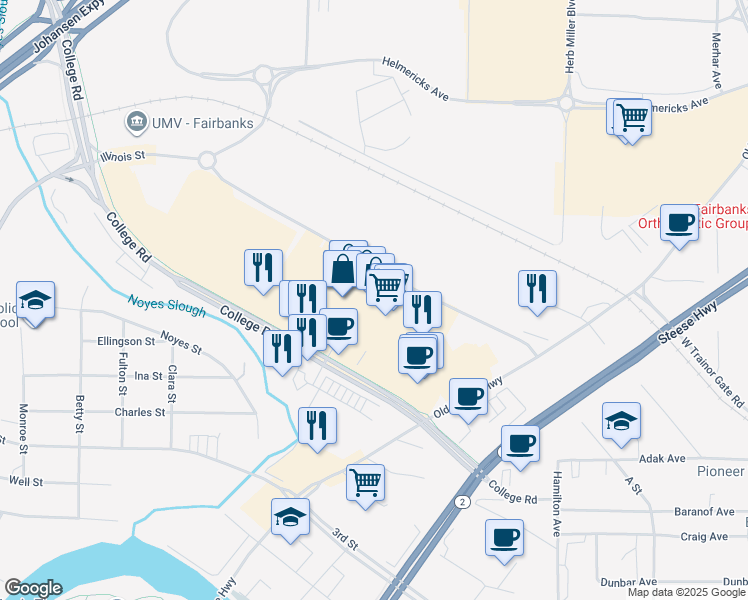 map of restaurants, bars, coffee shops, grocery stores, and more near 30 College Road in Fairbanks